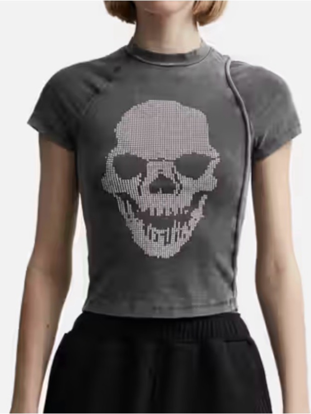 Women's Black Rhinestone Skull Short Sleeve Tee - Picture 6 of 7